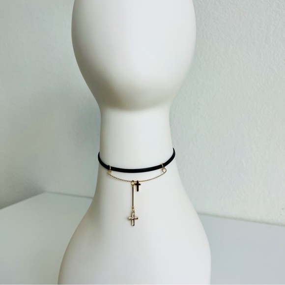 Black Leather Gold Bar Double Cross Slider Minimalist Choker Necklace - Picture 2 of 6